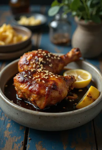 Ayam Penyet mit süßer Sojasauce, serviert mit Sambal und Reis