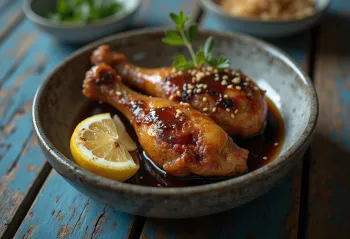 Ayam Penyet mit süßer Sojasauce, serviert mit Sambal und Reis
