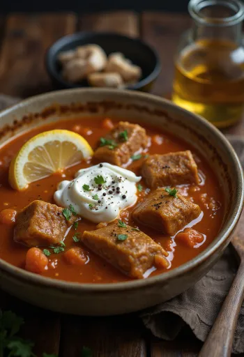 İşkembe in Paprika-Rahm-Sauce, serviert mit Zitrone und frischen Kräutern
