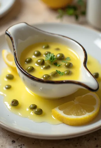 Servierte Kapern-Butter-Sauce mit Zitrone