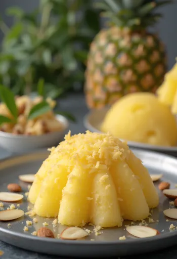 Kokos-Ananas-Kulfi Eis mit Ananasstücken und Rosenwasser