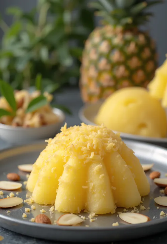 Kokos-Ananas-Kulfi Eis mit Ananasstücken und Rosenwasser