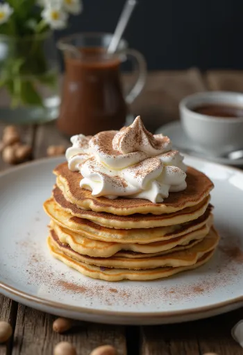 Servierte Pfannkuchentorte mit Nuss-Nougat-Creme und Sahne