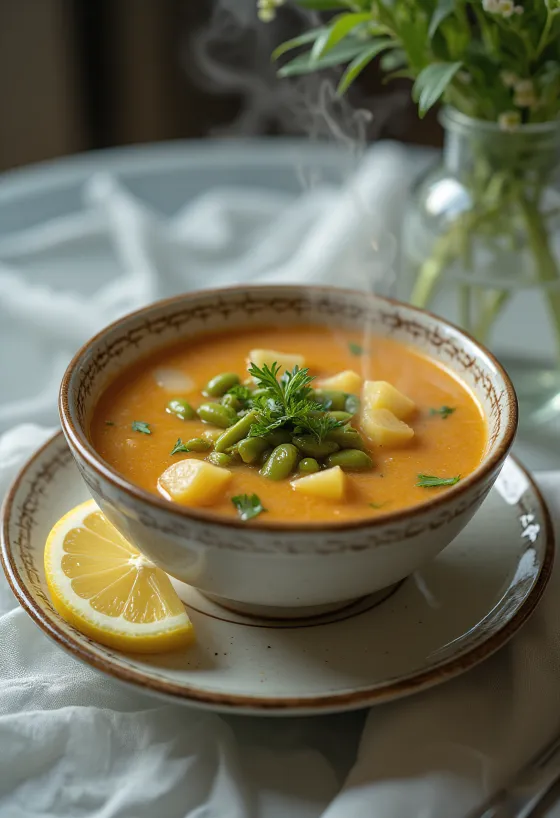 Traditionelle Palóc-Suppe, reichhaltig zubereitet mit grünen Bohnen, Kartoffeln und Fleisch.