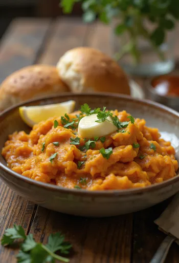 Pav Bhaji mit Süßkartoffel, in einer Schüssel cremige Süßkartoffelsauce, knusprige Brötchen und Butter