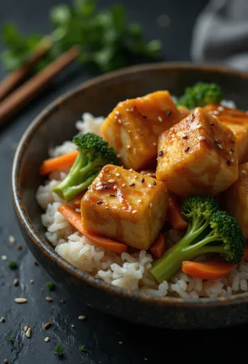 Gebratener Tofu serviert mit Reis und buntem Gemüse