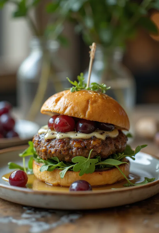 Trauben-Blauschimmelkäse-Burger serviert