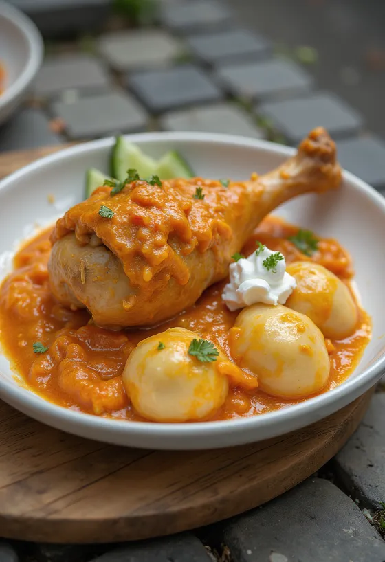 Paprikahuhn mit saftigen Hähnchenstücken, serviert in Paprika-Schmand-Sauce.