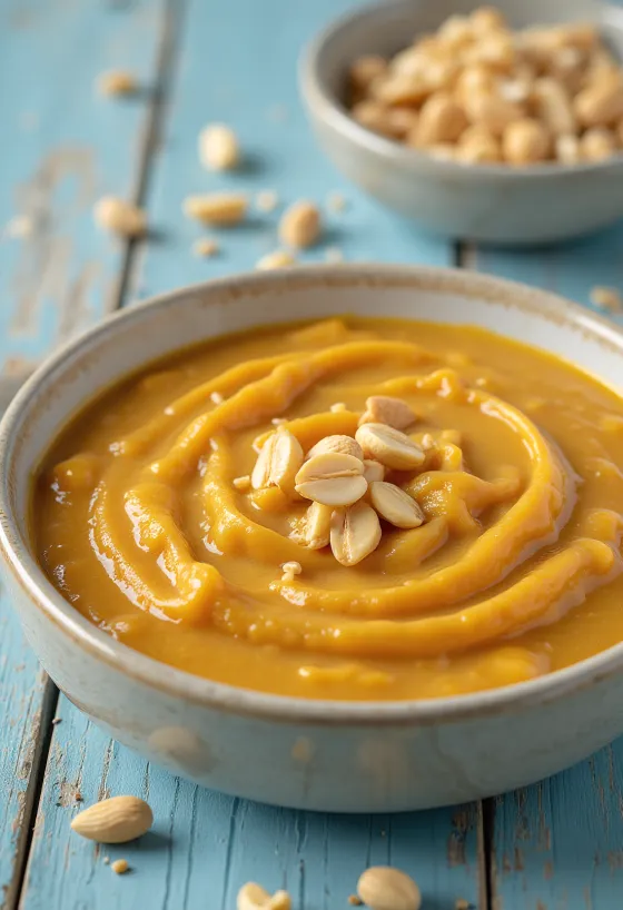 Erdnusssauce mit Curry serviert in einer Schale mit frischem Koriander.