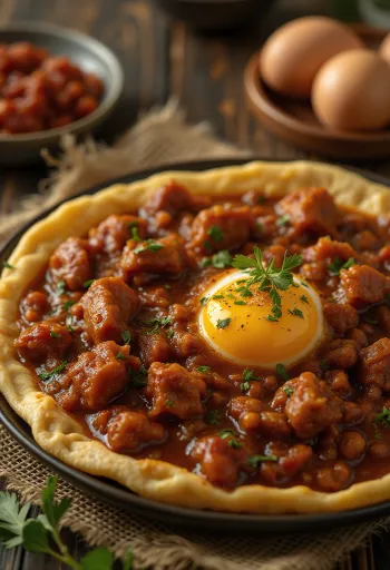 Doro Wat serviert mit hartgekochtem Ei und Injera-Fladen