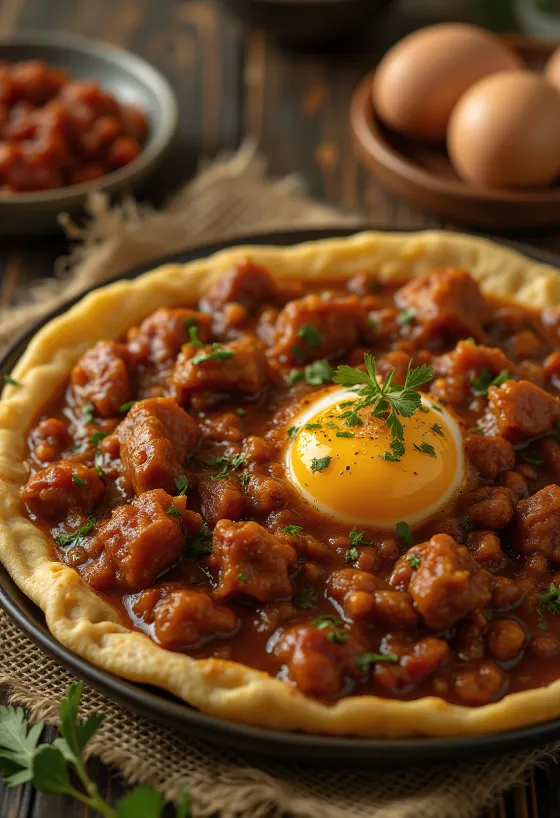 Doro Wat serviert mit hartgekochtem Ei und Injera-Fladen