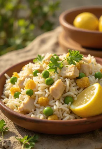 Mote Pillo mit Huhn und Trockenfrüchten, serviert mit Koriander