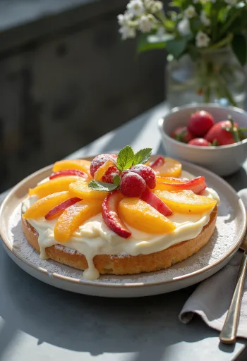 Biskuit-Obsttorte mit frischen Früchten und Gelee