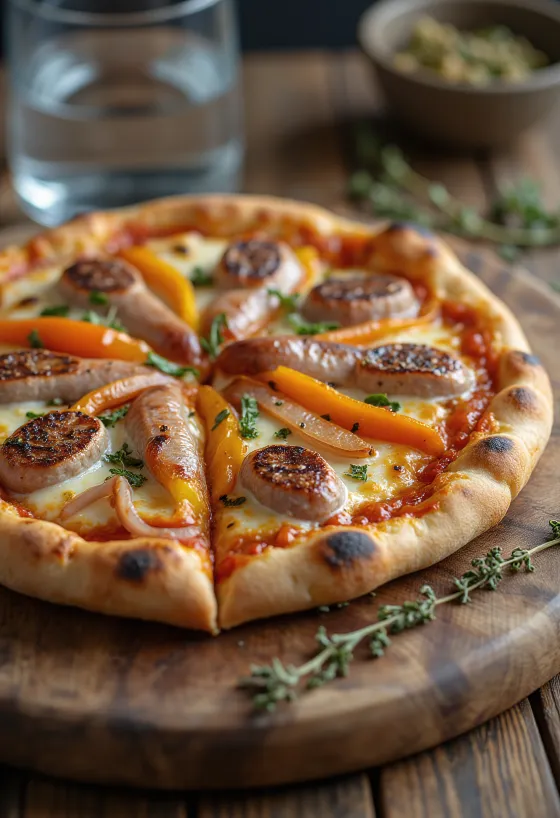 Pizza Viennese mit Wiener Würstchen, Paprika und Mozzarella