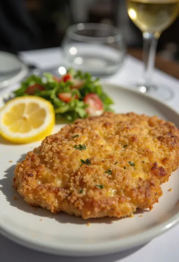 Goldbraun gebackenes paniertes Schweineschnitzel in knuspriger Panade, serviert mit frischem Gemüse.