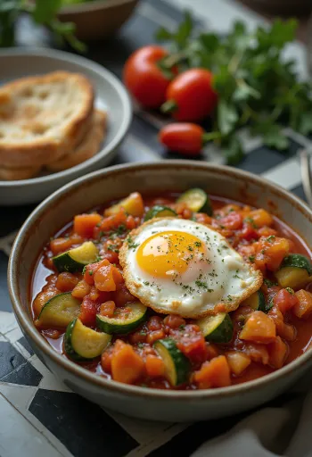 Şakşuka mit Paprika serviert, mit frischem Koriander