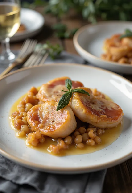Klassisches Saltimbocca aus Kalbfleisch, serviert mit Parmaschinken, Salbei und Weißweinsauce