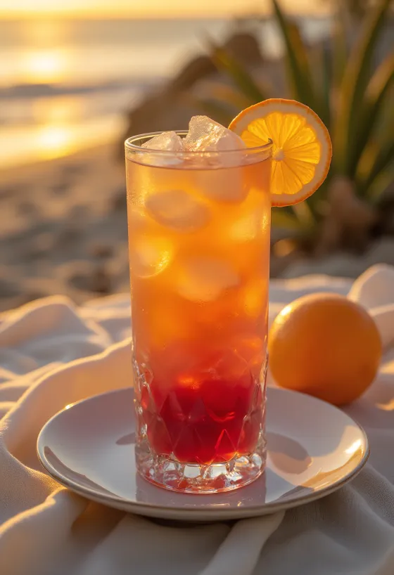 Sex on the Beach Cocktail garniert mit Orangenscheibe und Cocktailkirsche