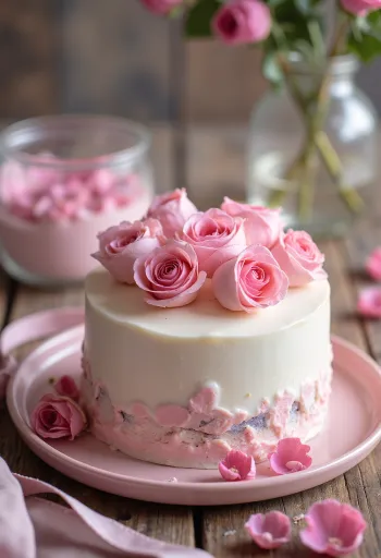 Valentinstag-Rosentorte mit weißem Fondant und Rosenblüten
