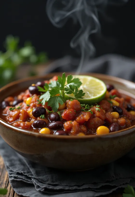 Veganes Chili sin Carne in reicher, würziger Sauce mit frischem Koriander