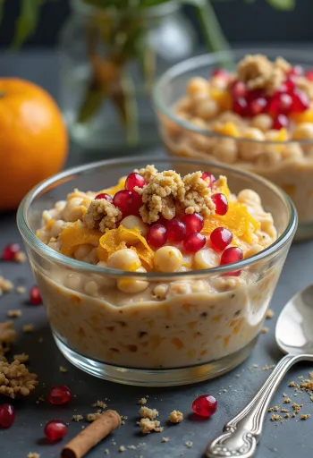 Aşure mit Orangenschale, garniert mit Nüssen und Granatapfelkernen