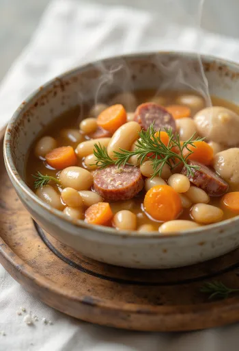 Traditionelle Bohnensuppe mit Zupfnudeln, serviert mit Rauchfleischsud