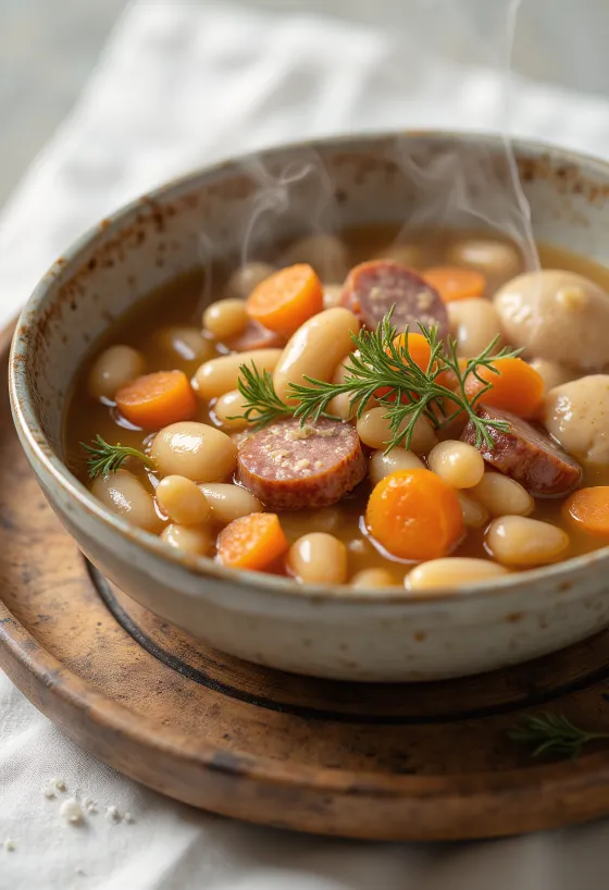 Traditionelle Bohnensuppe mit Zupfnudeln, serviert mit Rauchfleischsud