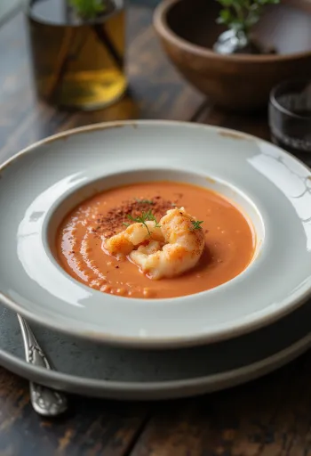 Hummer-Bisque, reichhaltige Sahnesuppe mit Meeresfrüchten