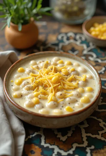 Schale mit herzhafter Canjica, garniert mit Schnittlauch und Käse