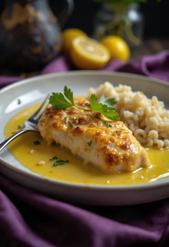 Zitronenhähnchen serviert mit frischen Zitronenscheiben und Kräutern.