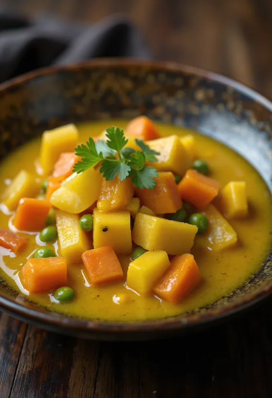 Cremige Curry-Gemüsesauce in einer Schale, dekoriert mit frischem Koriander.