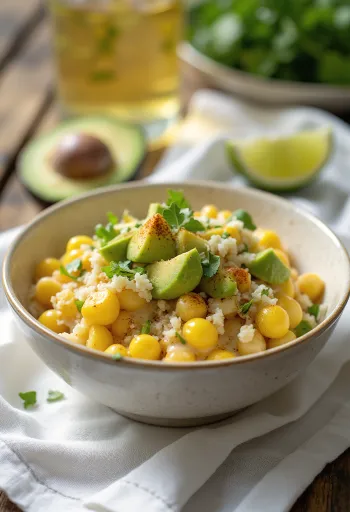 Frisches und knackiges Esquites mit Avocado serviert