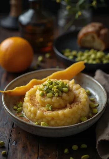 Grieß-Halva mit Pistazien, türkische Süßigkeit, in einer Schale