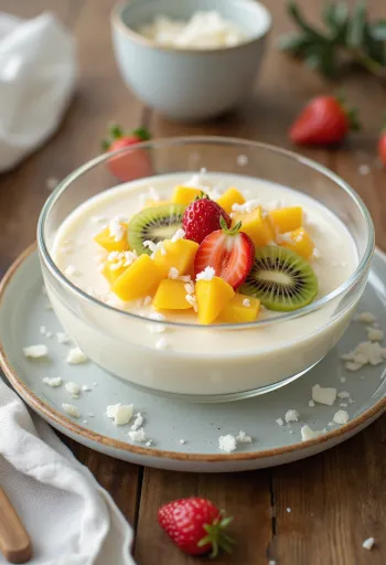 Manjar con frutas, Kokospudding serviert mit frischen Früchten.
