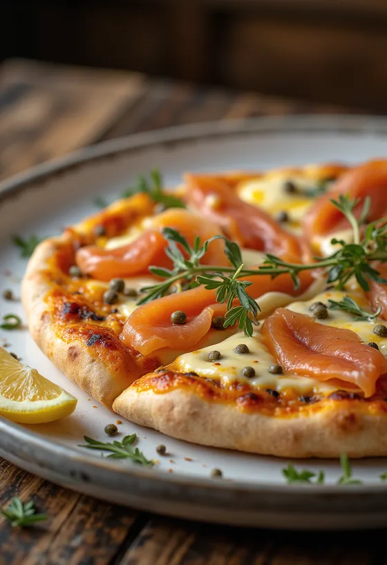 Pizza à la Norvégienne mit Räucherlachs, Kapern und Crème fraîche