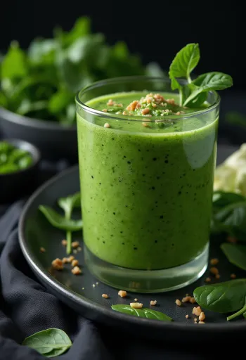 Spinat-Smoothie im hohen Glas, dekoriert mit Gemüse und Obst