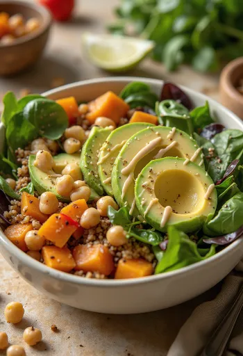 Buddha Bowl mit Süßkartoffel, Quinoa und Tahini-Dressing