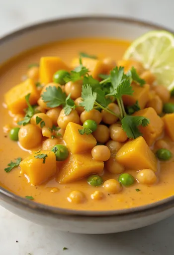 Veganes Curry mit Kokosmilch und Gemüse serviert