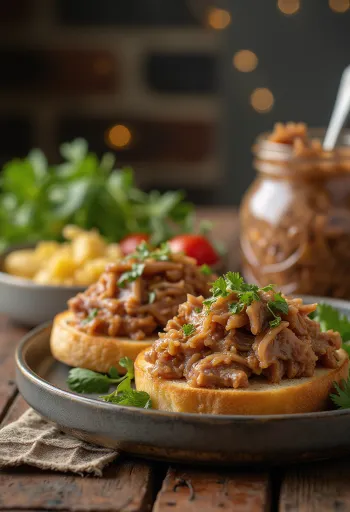 Duck Rillette im Glas serviert mit Brot und Gurken