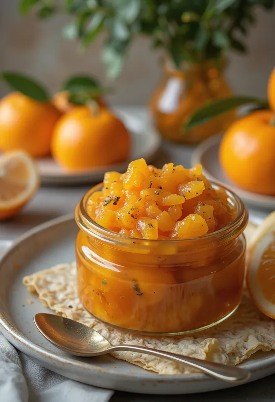 Süß-saures Orangen-Chutney serviert