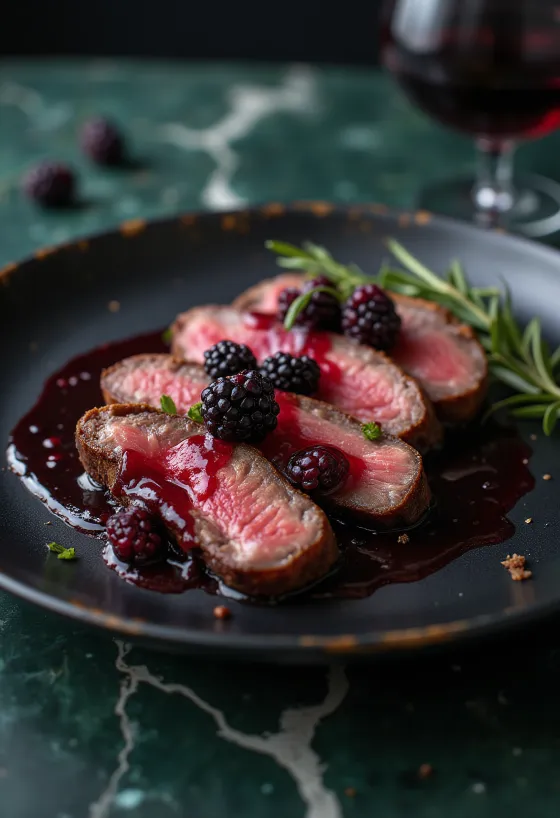 Wapiti-Steak mit Waldbeeren-Reduktion serviert mit Gemüse.