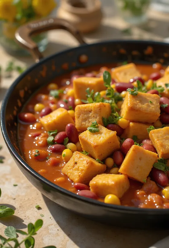 Würziger Tofu mit Bohnen serviert