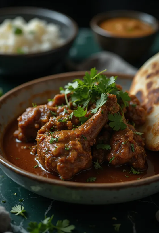 Nihari mit Rindfleisch, gekocht in reichhaltiger würziger Sauce, garniert mit frischem Koriander