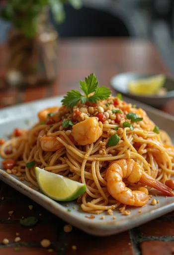 Pad Thai mit Reisnudeln und Limettenspalten serviert