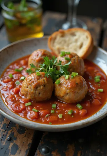 Hackbällchen in Tomatensauce, serviert in dicker, süß-saurer Soße