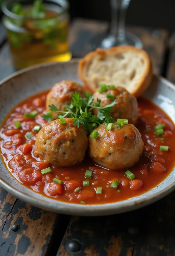 Hackbällchen in Tomatensauce, serviert in dicker, süß-saurer Soße