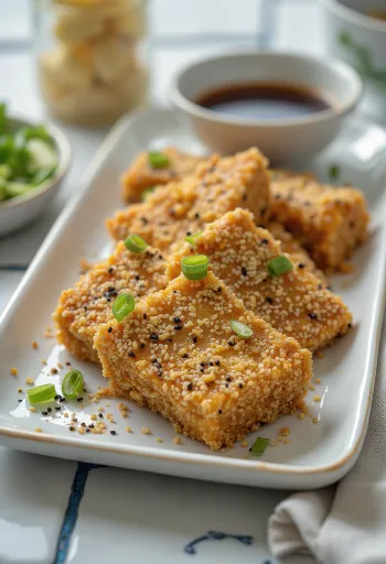 Gebratener Tofu in Sesamkruste, knusprig goldbraun gebraten, serviert mit frischem Gemüse.