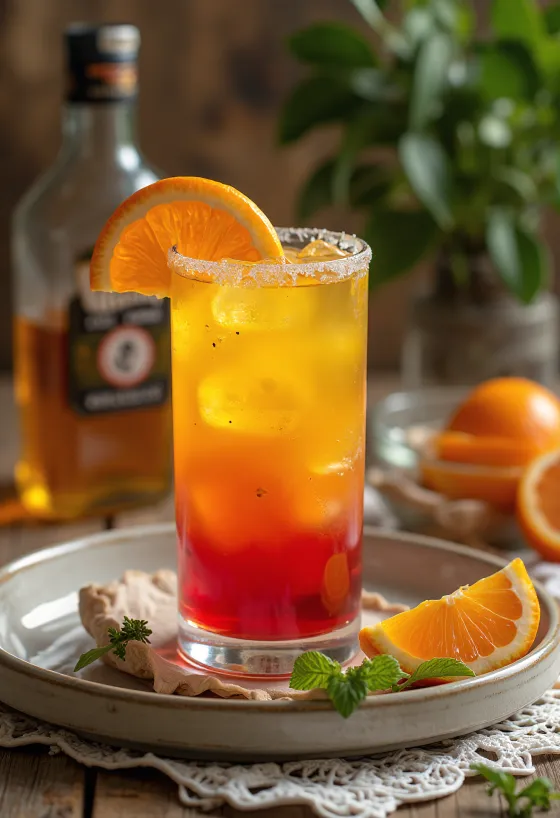 Tequila Sunrise Cocktail garniert mit Orangenscheibe und Kirsche