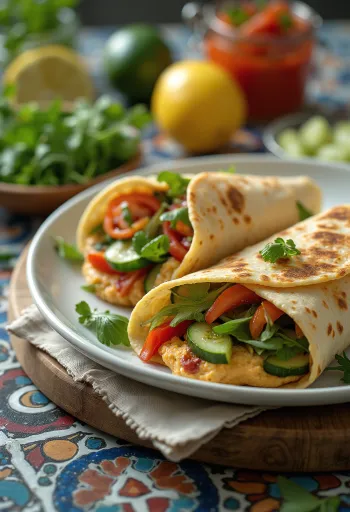 Hummus-Wrap mit Gurke und frischem Gemüse gefüllt