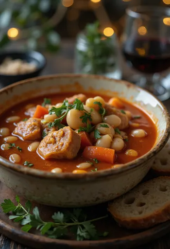 Traditionelles Bohnengulasch mit reichlich Gemüse und Räucherfleisch serviert
